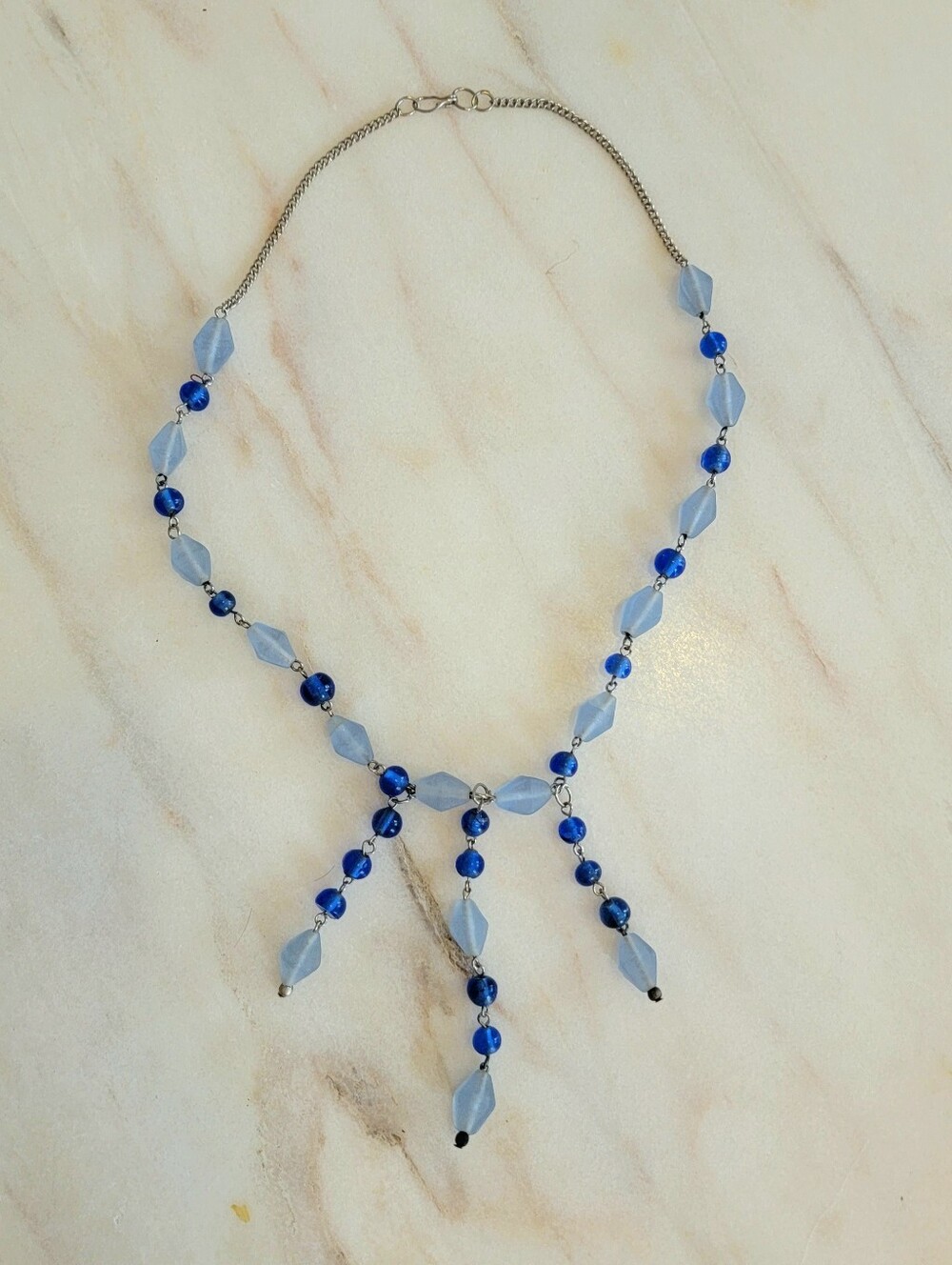 Artisan Indian Glass Bead Lariat Necklace Cobalt + Frosted Blue Ethically Source